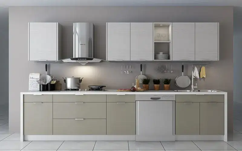 Kitchen in Fabric Gray cabinets